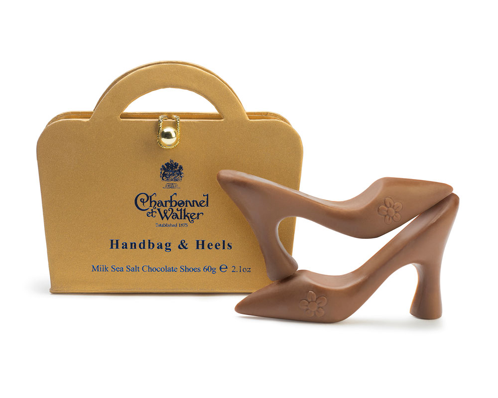 High Heel, Milk chocolate shoe paire brushed with edible pearl luster -  Jacky-O | Azra Chocolates